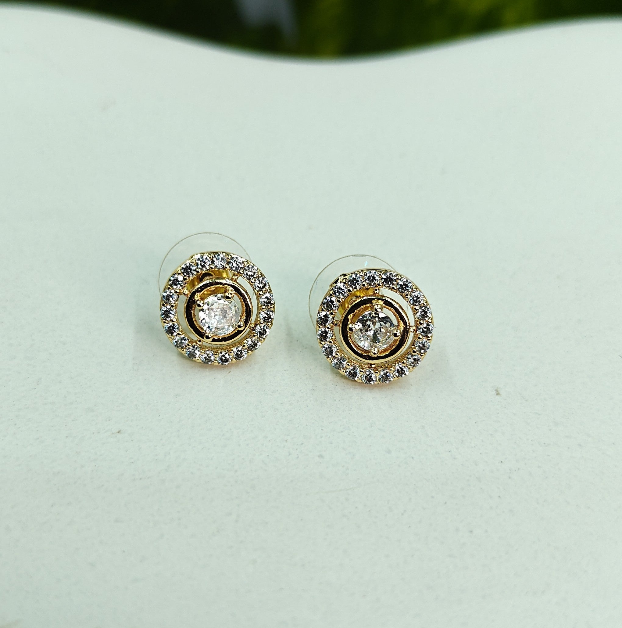 Gold-Tone AD Round Halo Stud Earrings for Women - Glossy Finish