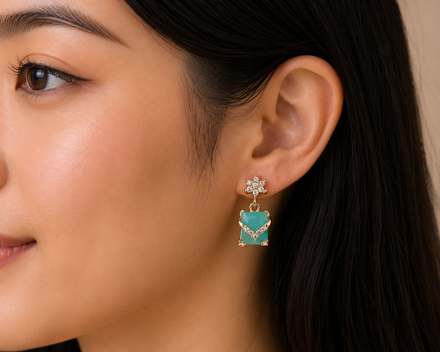 Gold-Tone Emerald Square Drop AD Earrings for Women - Glossy Finish