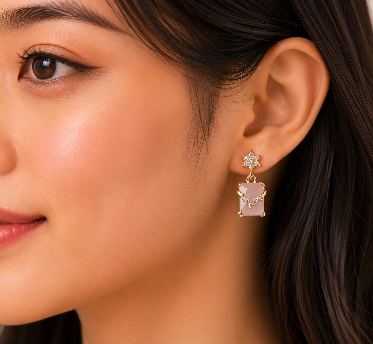 Gold-Tone White Diamond Square Drop AD Earrings for Women - Glossy Finish