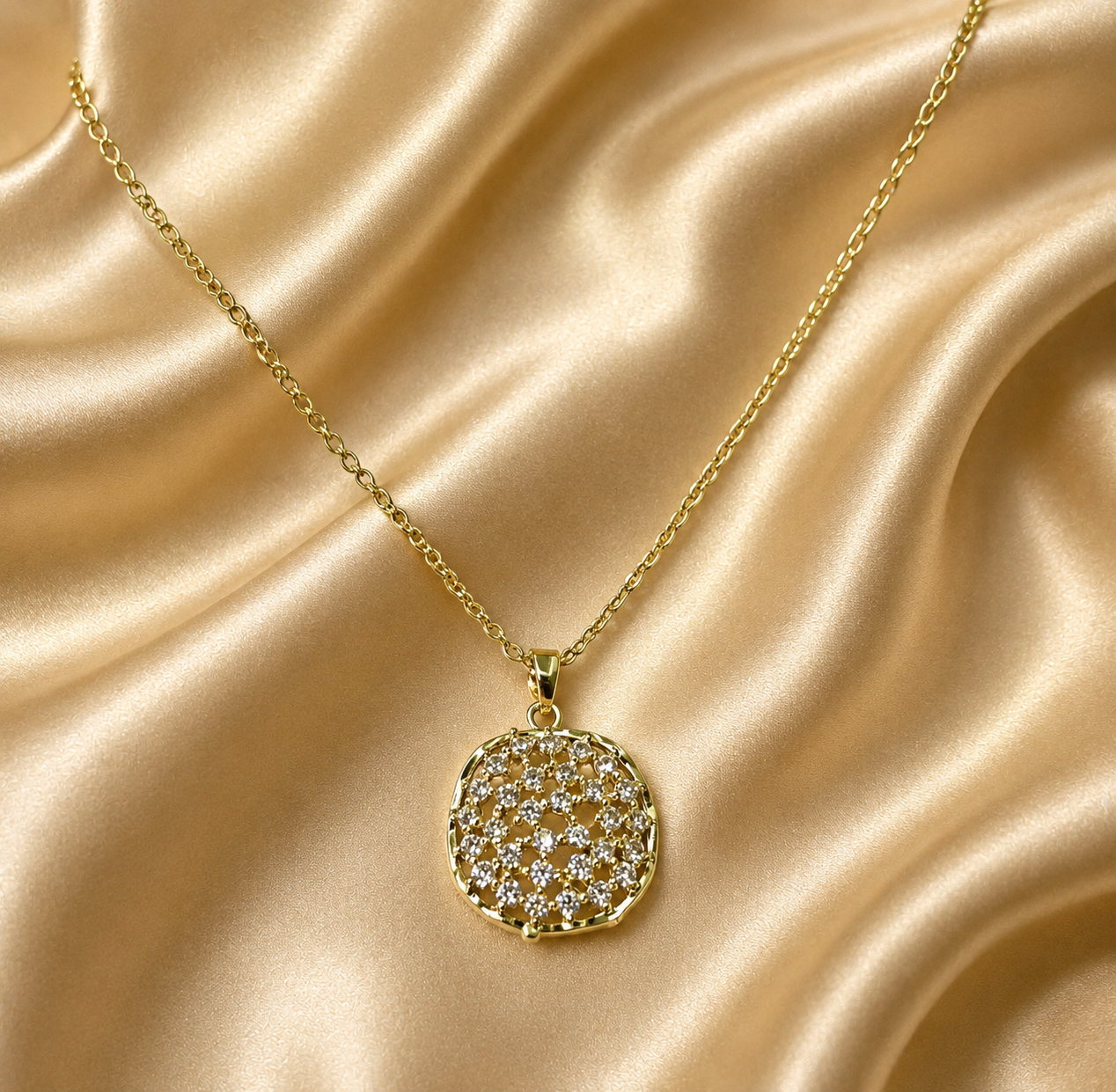 Gold-Tone Premium Eternal Pavé Disc AD Pendant Chain for Women - Glossy Finish