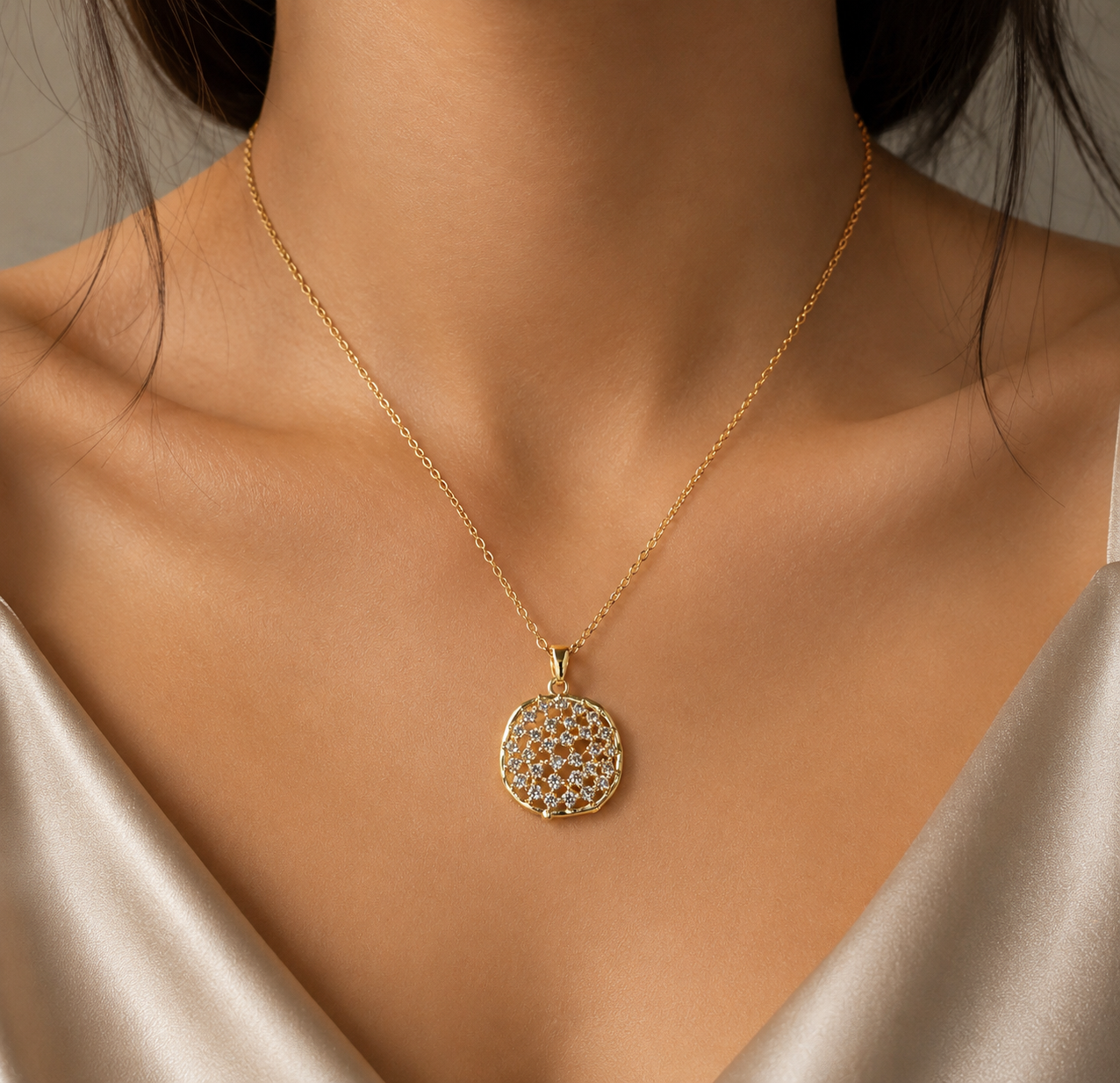Gold-Tone Premium Eternal Pavé Disc AD Pendant Chain for Women - Glossy Finish
