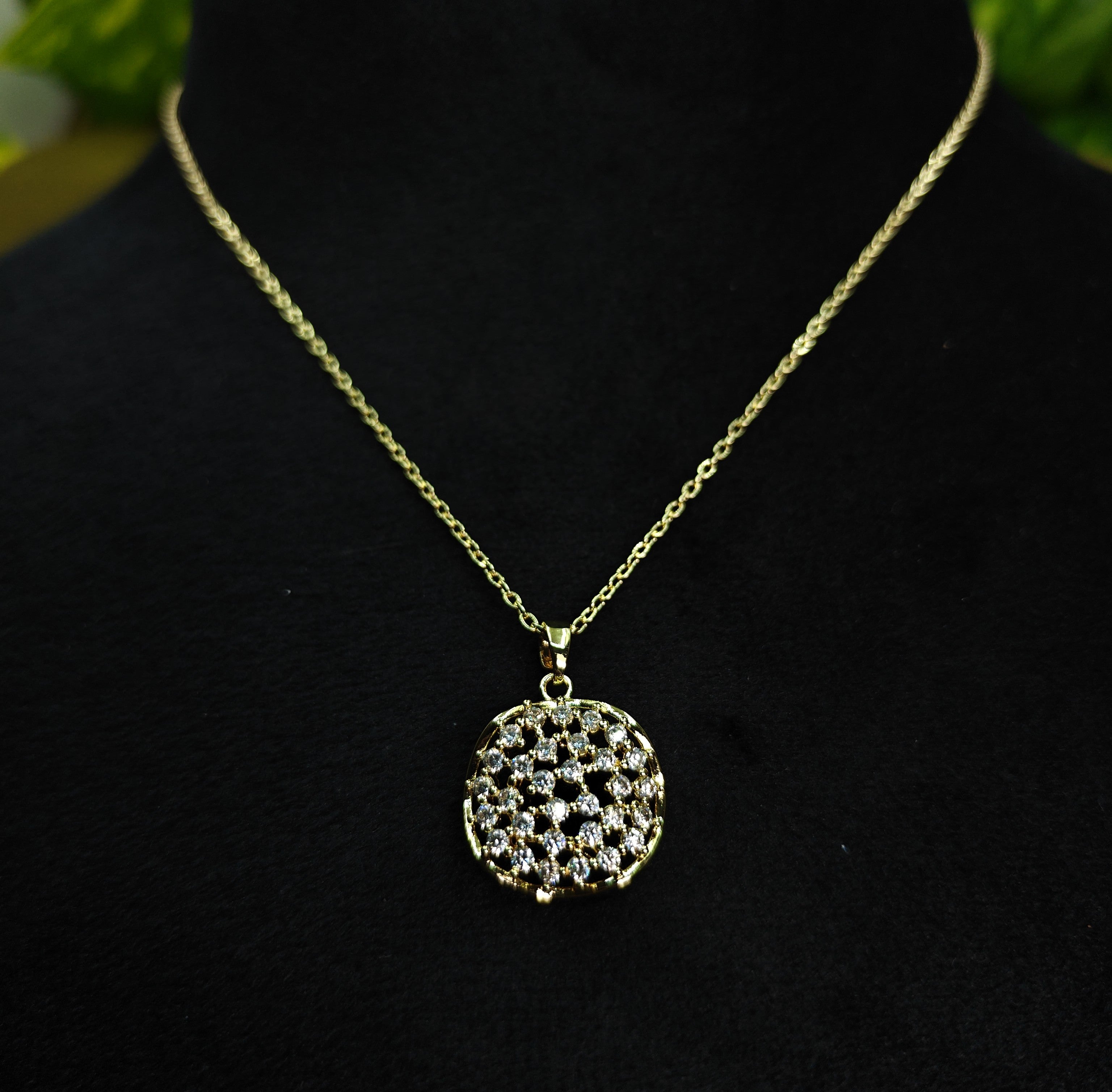 Gold-Tone Premium Eternal Pavé Disc AD Pendant Chain for Women - Glossy Finish