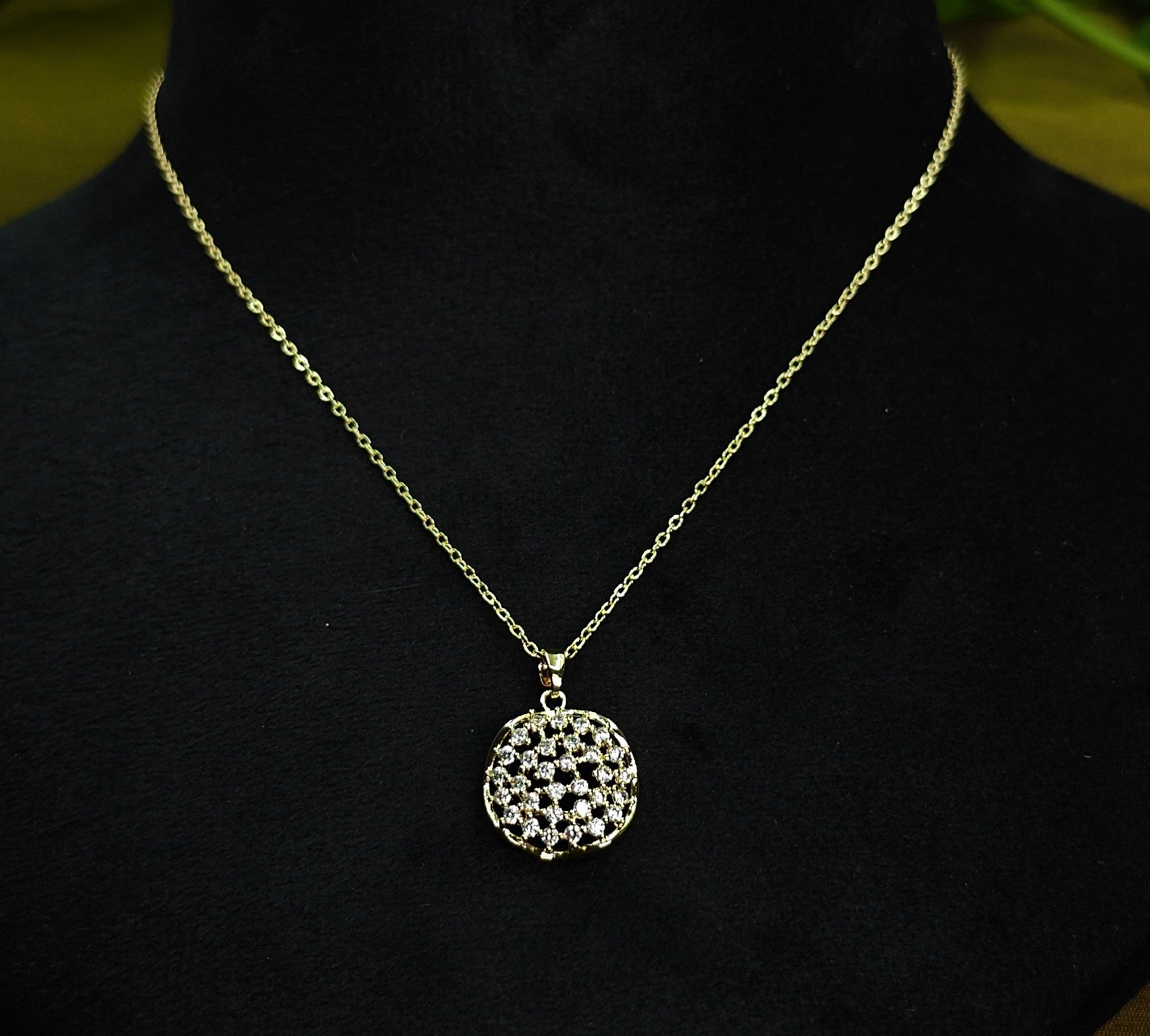 Gold-Tone Premium Eternal Pavé Disc AD Pendant Chain for Women - Glossy Finish