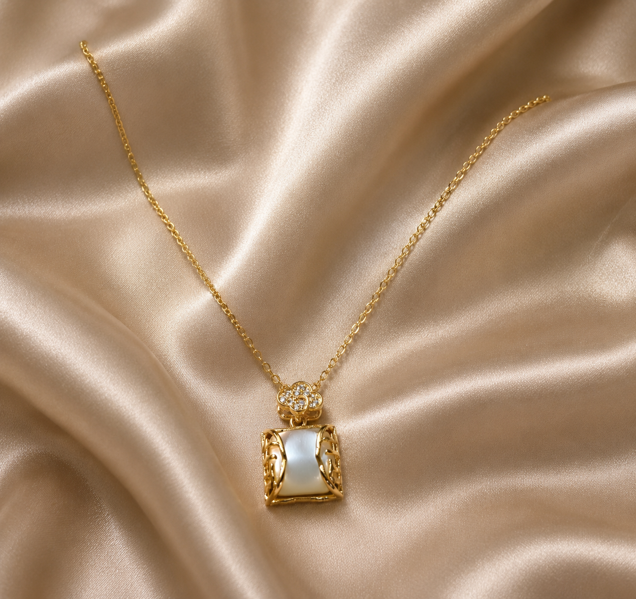 Gold-Tone Premium Eternal Mother-of-Pearl Rectangle AD Pendant Chain for Women - Glossy Finish