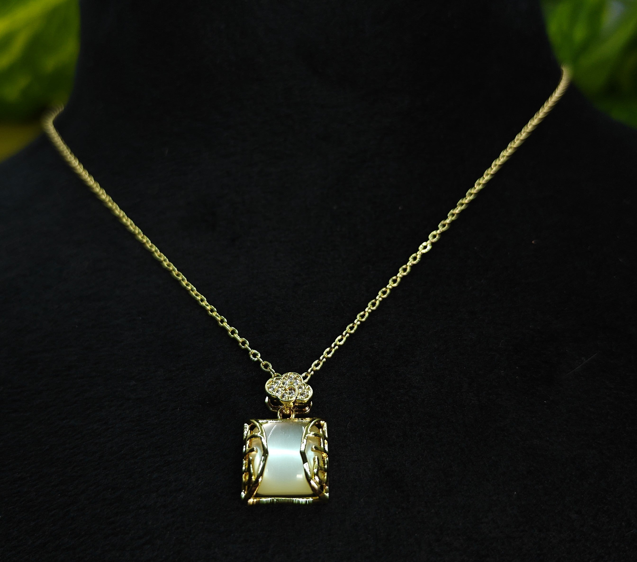 Gold-Tone Premium Eternal Mother-of-Pearl Rectangle AD Pendant Chain for Women - Glossy Finish