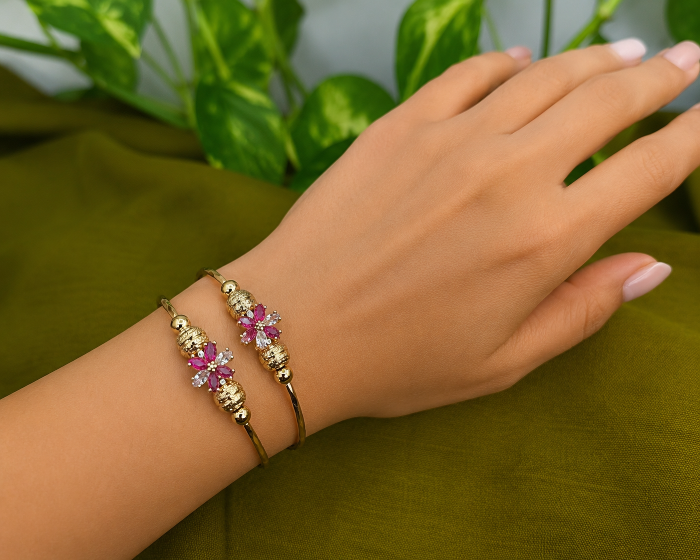 Gold-Tone Premium Floral AD Bangle Set of 2 for Women - Glossy Finish (Openable Size)