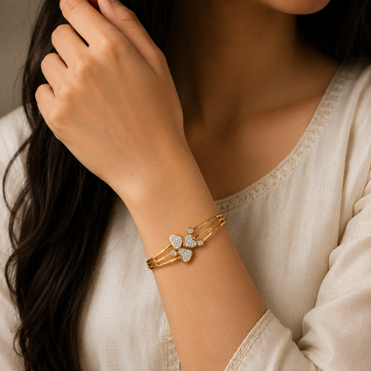 Gold-Tone Premium Triple Heart Pavé AD Bangle for Women - Glossy Finish (Openable Size)