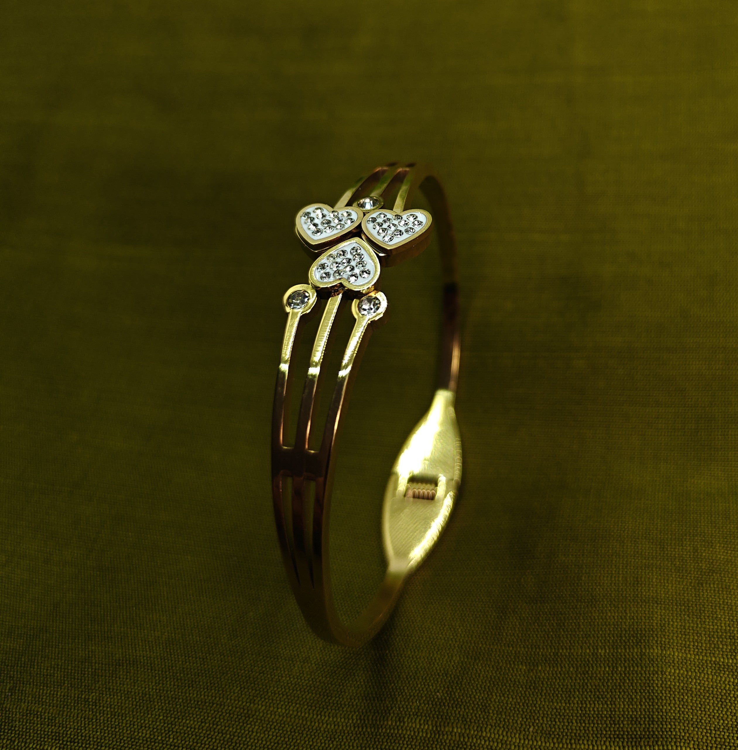 Gold-Tone Premium Triple Heart Pavé AD Bangle for Women - Glossy Finish (Openable Size)