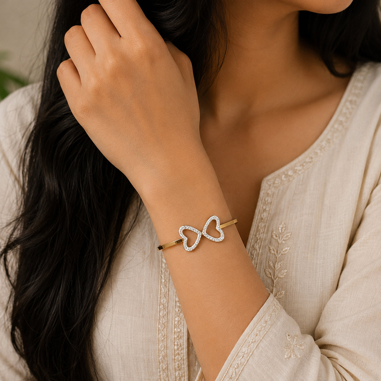 Gold-Tone Premium Dual Heart Outline AD Bangle for Women - Glossy Finish (Openable Size)