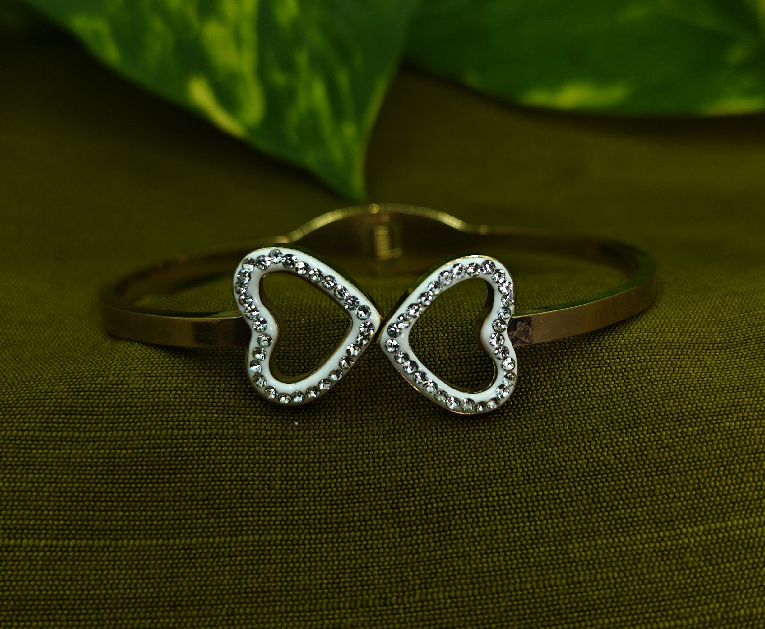 Gold-Tone Premium Dual Heart Outline AD Bangle for Women - Glossy Finish (Openable Size)