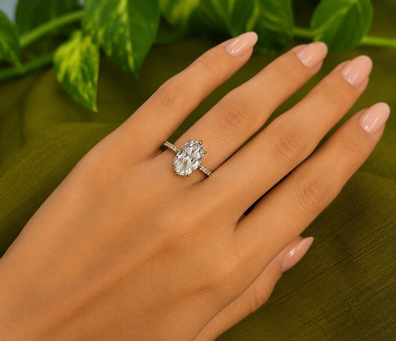 Gold-Tone Premium Oval Pastel Solitaire AD Ring - Unisex - Glossy Finish (Adjustable Size)