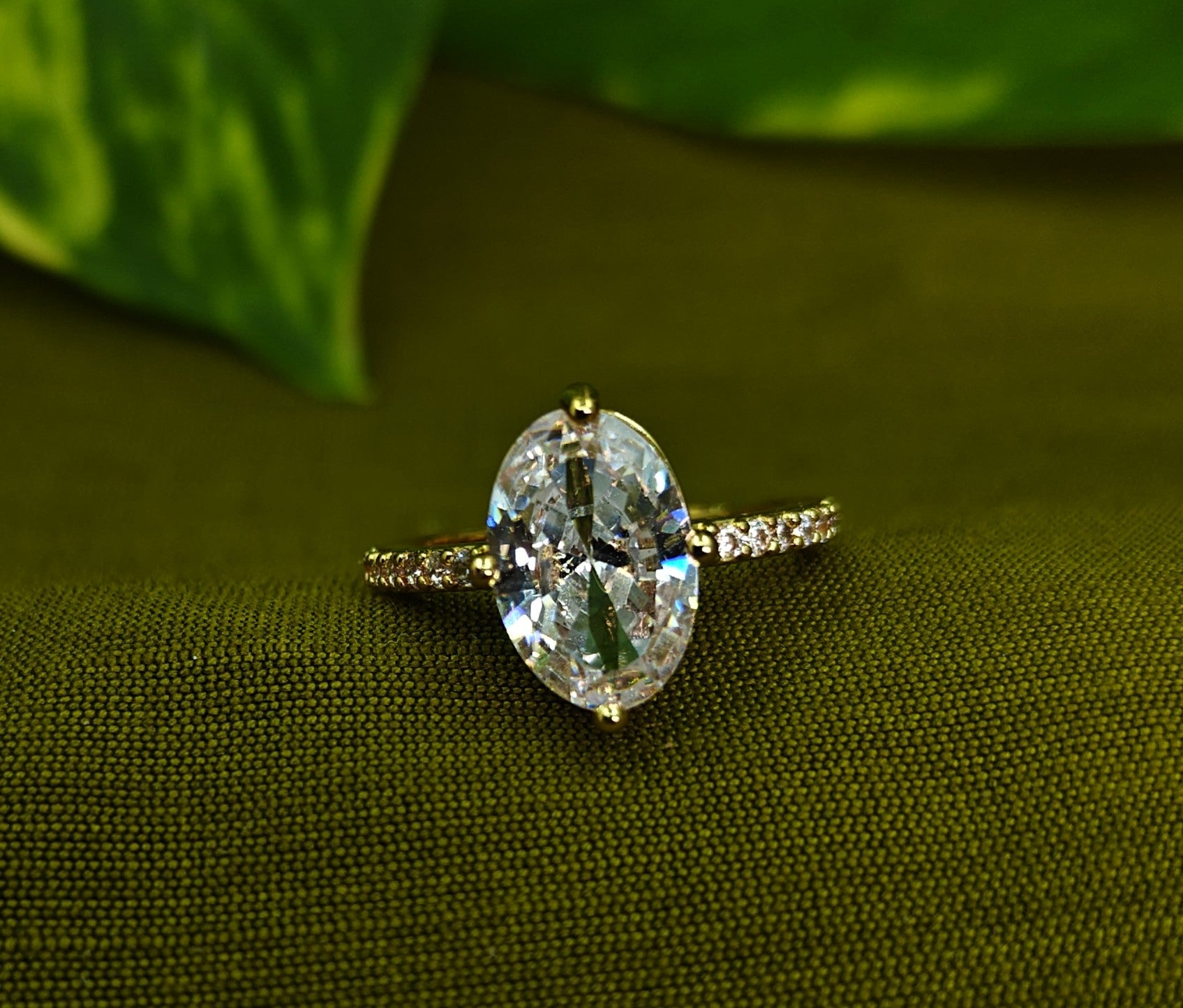 Gold-Tone Premium Oval Pastel Solitaire AD Ring - Unisex - Glossy Finish (Adjustable Size)
