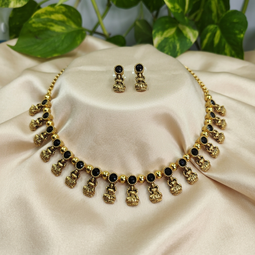 Antique Gold Sapphire Stone Devi Choker Set for Women - Matte Finish