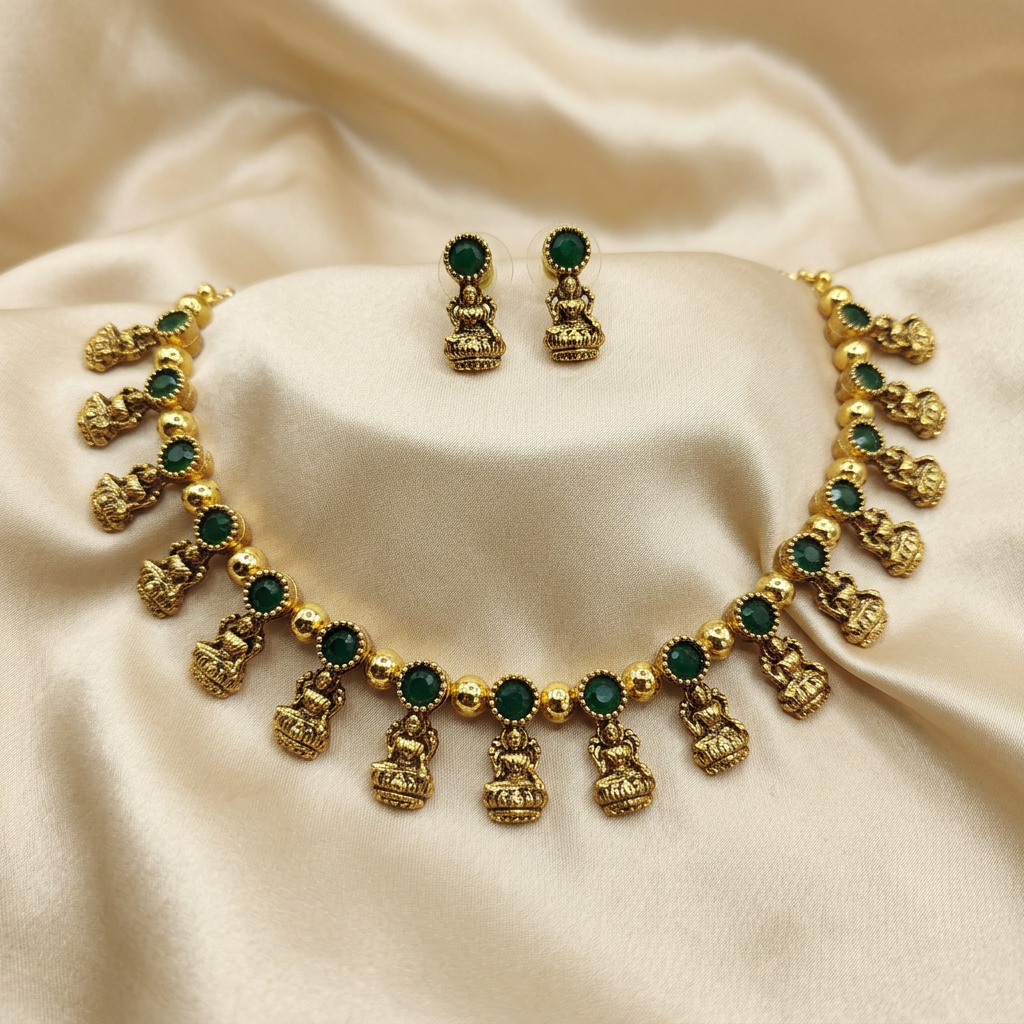 Antique Gold Green Kundan Devi Choker Set for Women - Matte Finish
