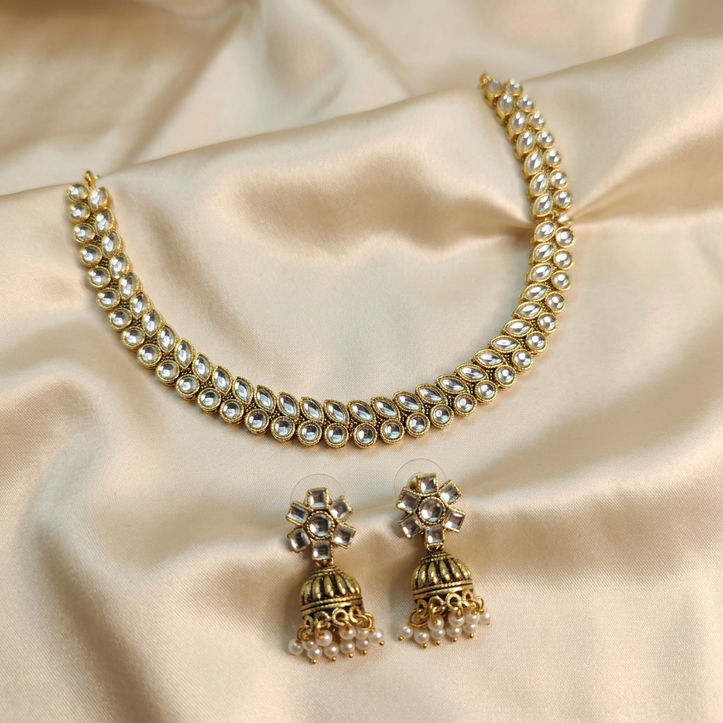 Antique Gold White Kundan Dual Row Necklace Set for Women - Matte Finish