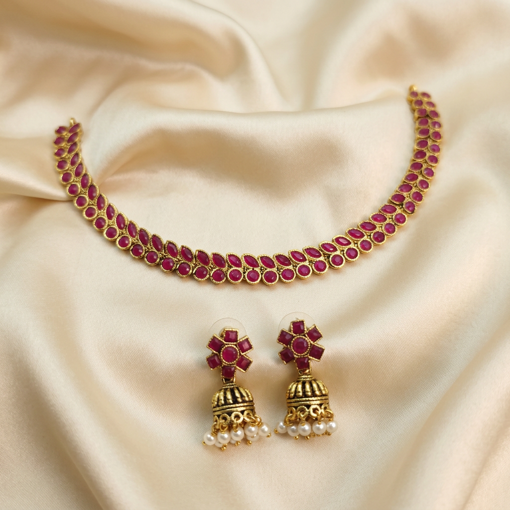 Antique Gold Ruby Red Kemp Dual Row Necklace Set for Women - Matte Finish