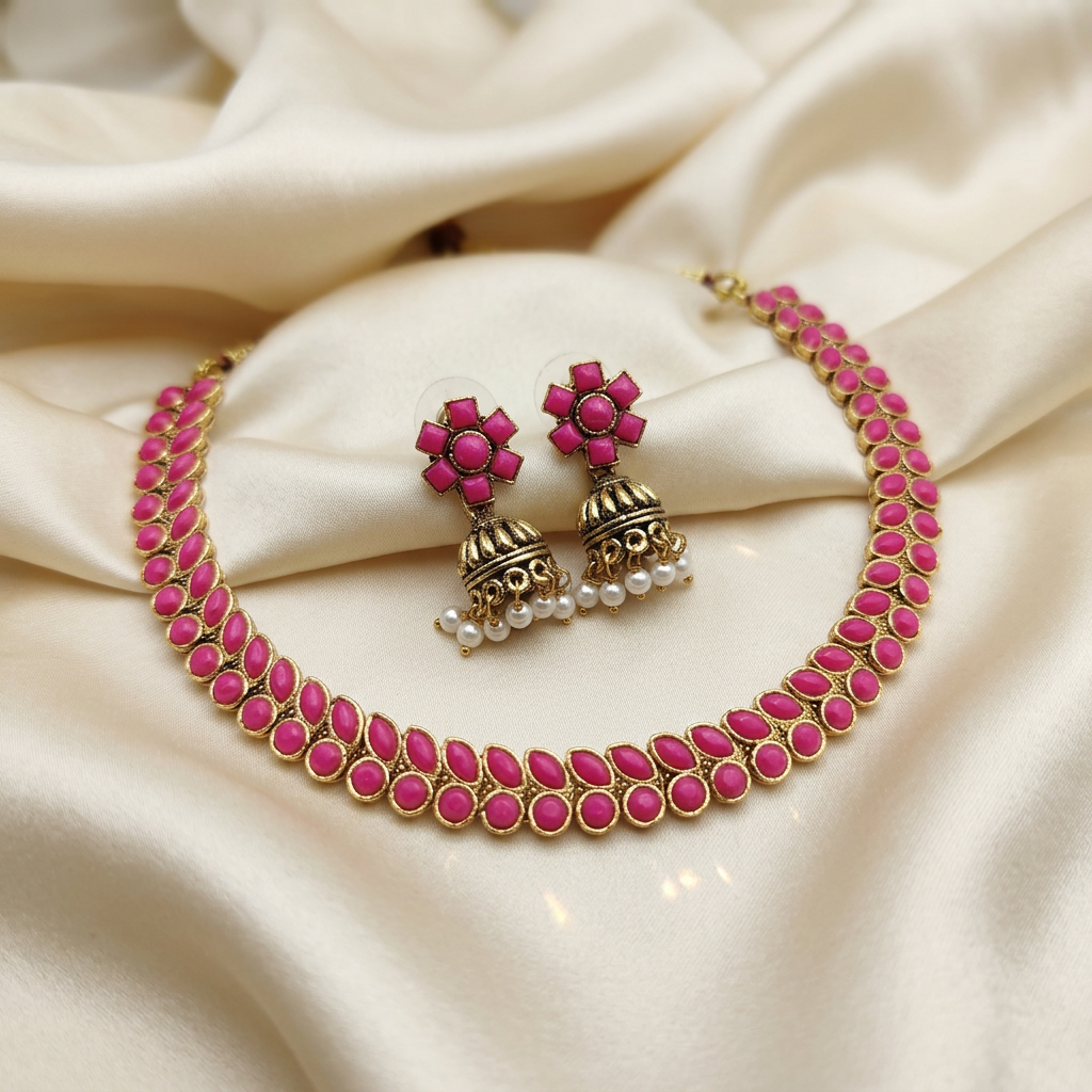 Antique Gold Ruby Pink Dual Row Necklace Set for Women - Matte Finish