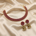 Antique Gold Ruby Red Dual Row Necklace Set for Women - Matte Finish