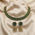 Antique Gold Emerald Green Kemp Dual Row Necklace Set for Women - Matte Finish