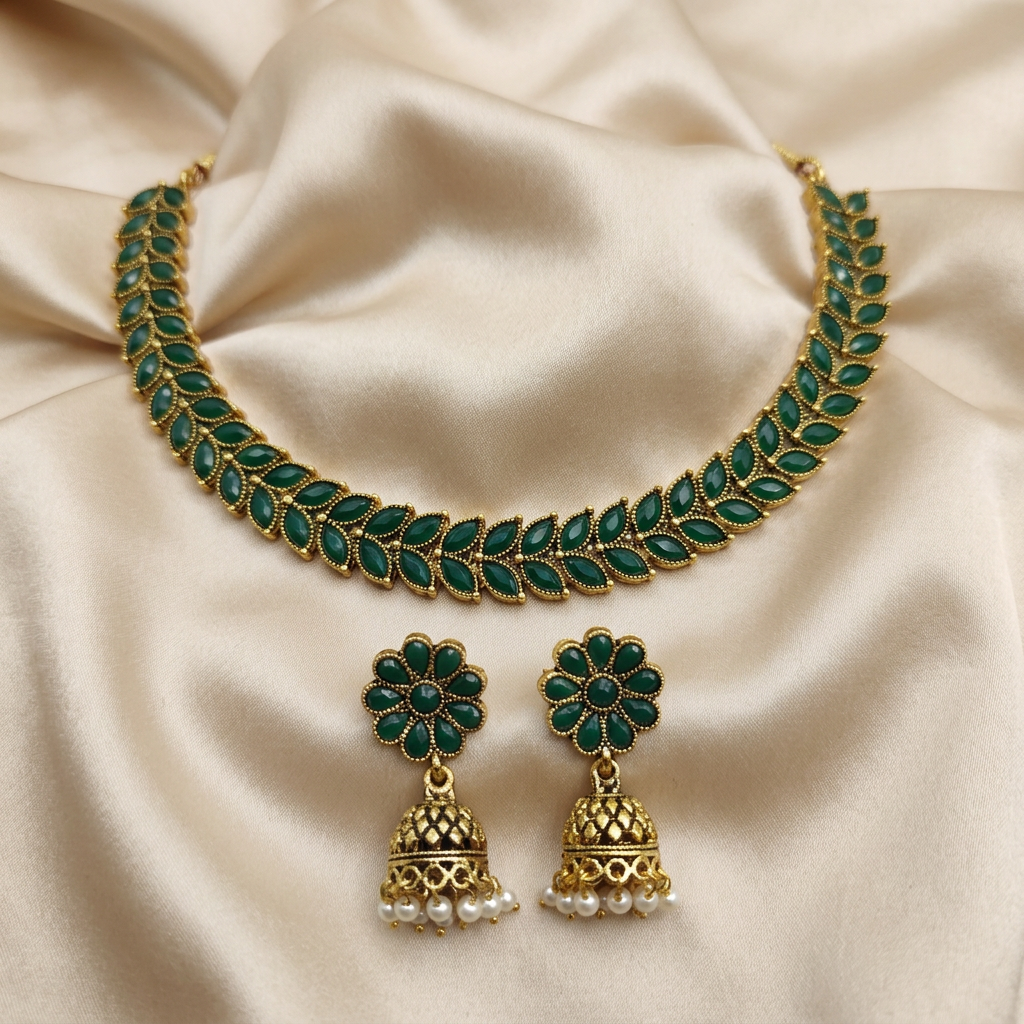 Antique Gold Emerald Green Kemp Dual Row Necklace Set for Women - Matte Finish