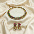 Antique Gold Flower Cutwork Ruby Emerald Kemp Dual Row Necklace Set for Women - Matte Finish
