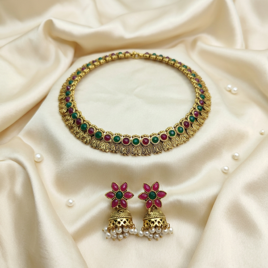 Antique Gold Flower Cutwork Ruby Emerald Kemp Dual Row Necklace Set for Women - Matte Finish