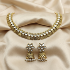 Antique Gold Flower Cutwork White Kundan Dual Row Necklace Set for Women - Matte Finish