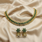 Antique Gold Flower Cutwork Emerald Green Dual Row Necklace Set for Women - Matte Finish
