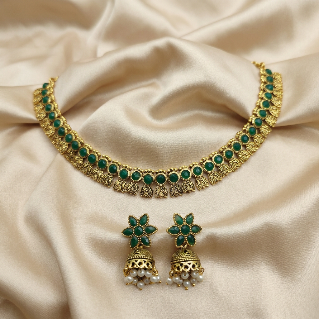Antique Gold Flower Cutwork Emerald Green Dual Row Necklace Set for Women - Matte Finish