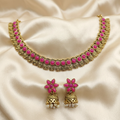 Antique Gold Flower Cutwork Ruby Magenta Dual Row Necklace Set for Women - Matte Finish