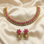 Antique Gold Flower Cutwork Ruby Magenta Dual Row Necklace Set for Women - Matte Finish