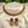 Antique Gold Flower Cutwork Ruby Maroon Dual Row Necklace Set for Women - Matte Finish