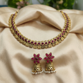 Antique Gold Flower Cutwork Ruby Red Dual Row Necklace Set for Women - Matte Finish