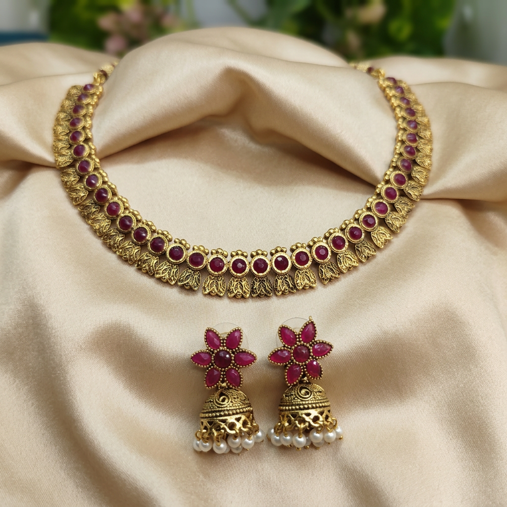 Antique Gold Flower Cutwork Ruby Red Dual Row Necklace Set for Women - Matte Finish