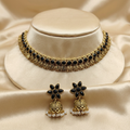 Antique Gold Flower Cutwork Black Kemp Dual Row Necklace Set for Women - Matte Finish