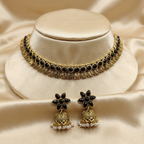 Antique Gold Flower Cutwork Black Kemp Dual Row Necklace Set for Women - Matte Finish