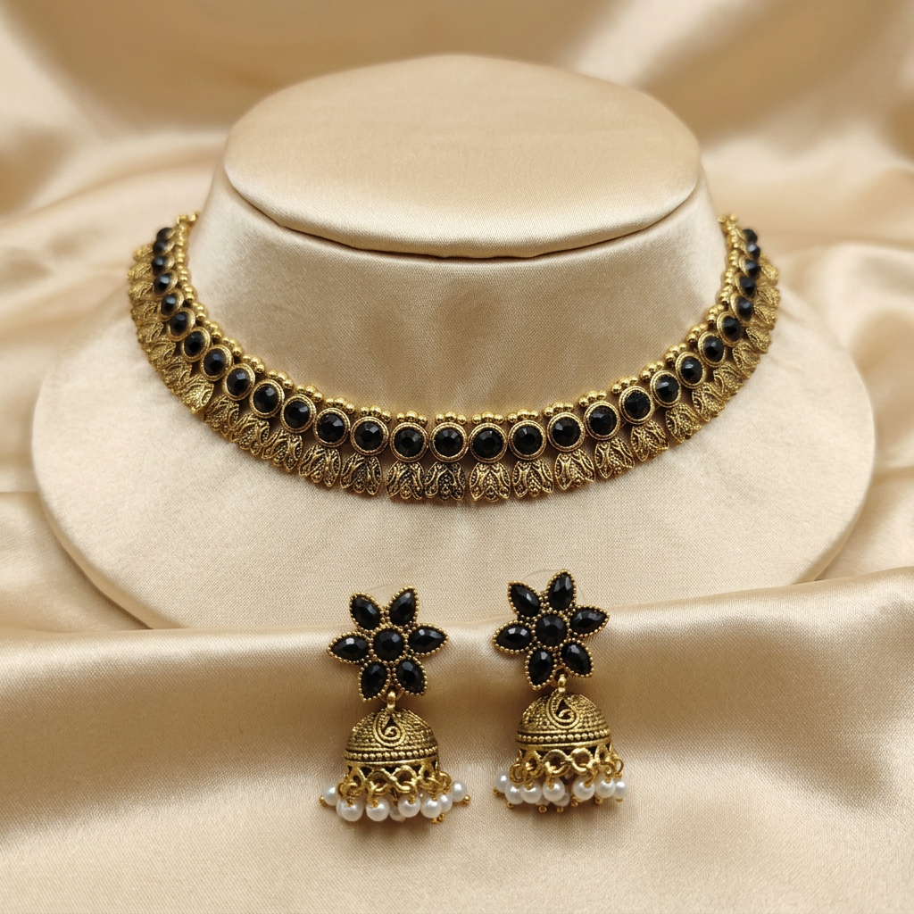 Antique Gold Flower Cutwork Black Kemp Dual Row Necklace Set for Women - Matte Finish