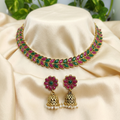 Antique Gold Ruby Emerald Leaf Necklace Set for Women - Matte Finish
