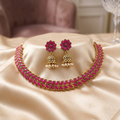 Antique Gold Pink Ruby Leaf Necklace Set for Women - Matte Finish
