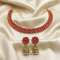 Antique Gold Ruby Red Leaf Necklace Set for Women - Matte Finish