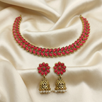Antique Gold Ruby Red Leaf Necklace Set for Women - Matte Finish