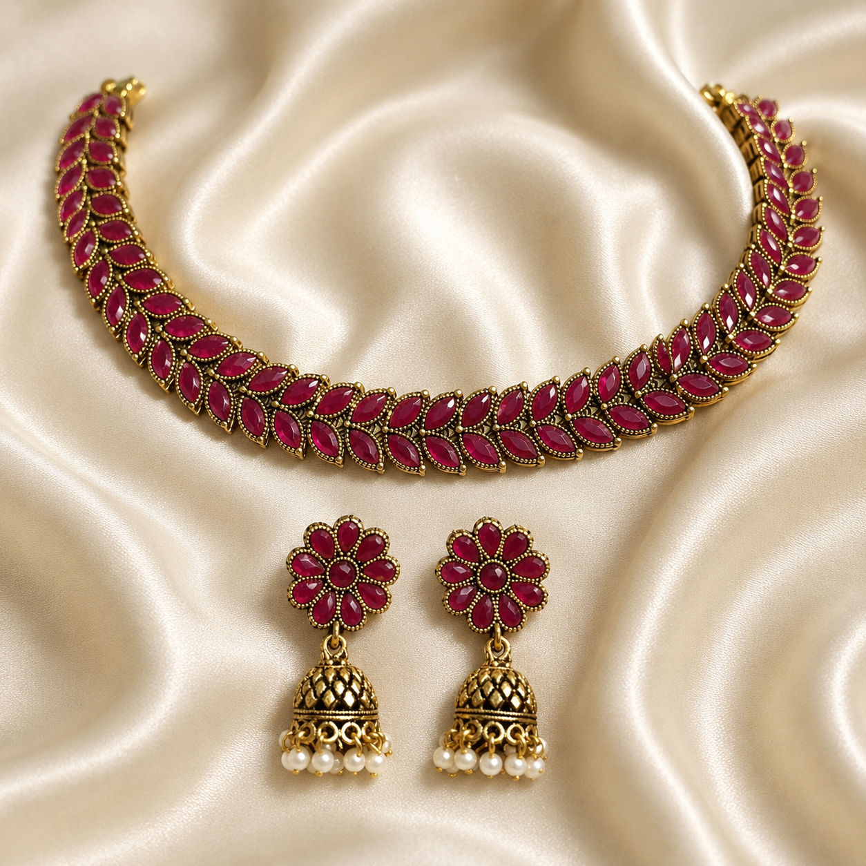Antique Gold Purple Red Leaf Necklace Set for Women - Matte Finish
