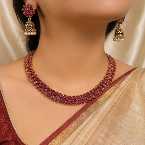 Antique Gold Purple Red Leaf Necklace Set for Women - Matte Finish