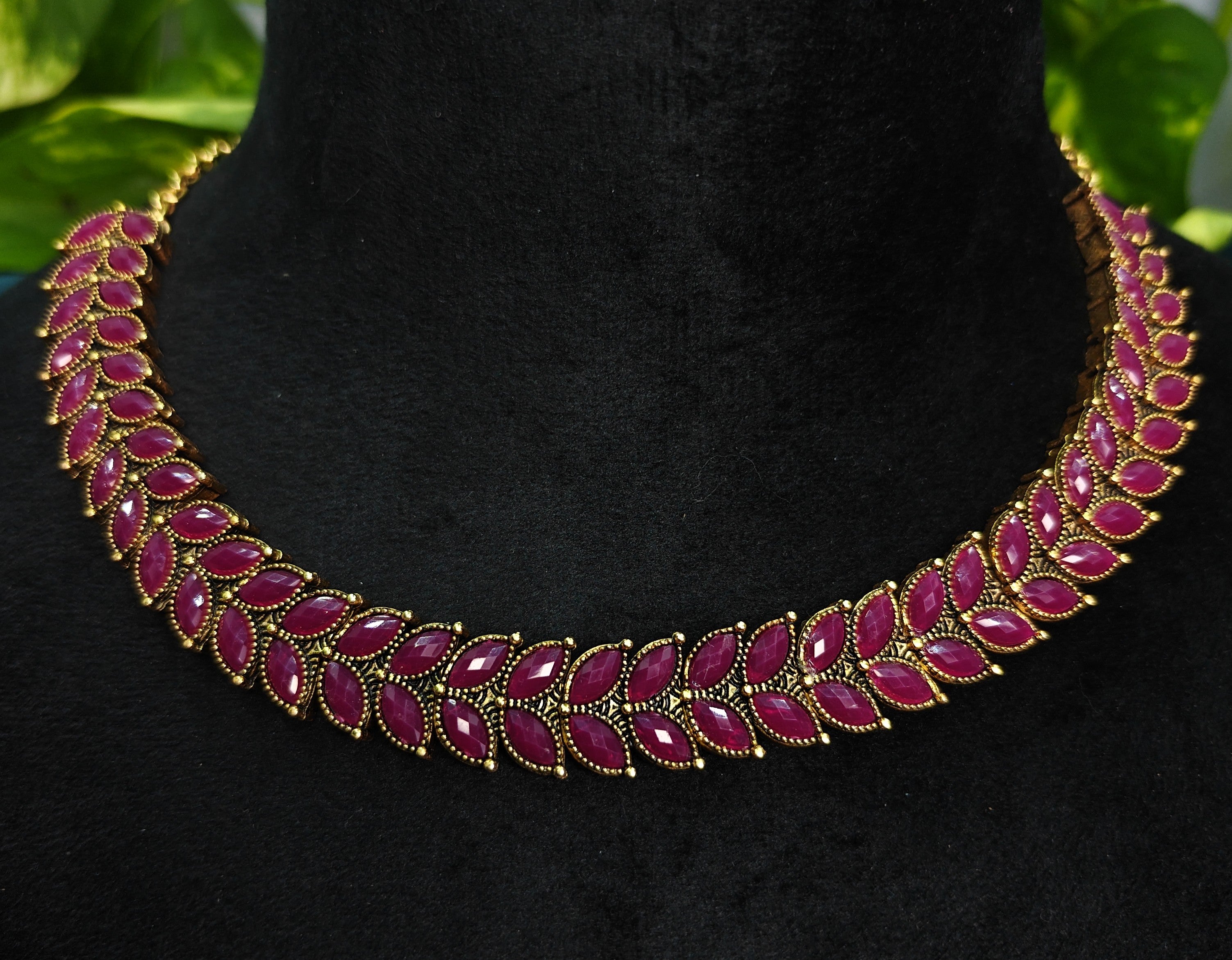 Antique Gold Purple Red Leaf Necklace Set for Women - Matte Finish