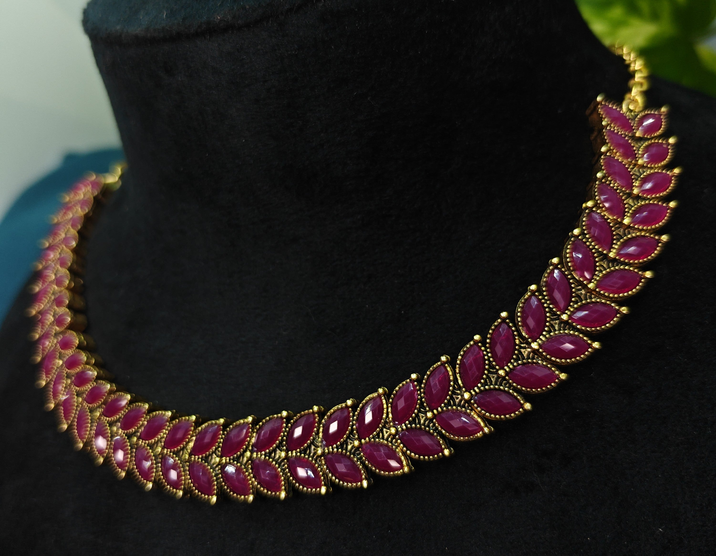 Antique Gold Purple Red Leaf Necklace Set for Women - Matte Finish