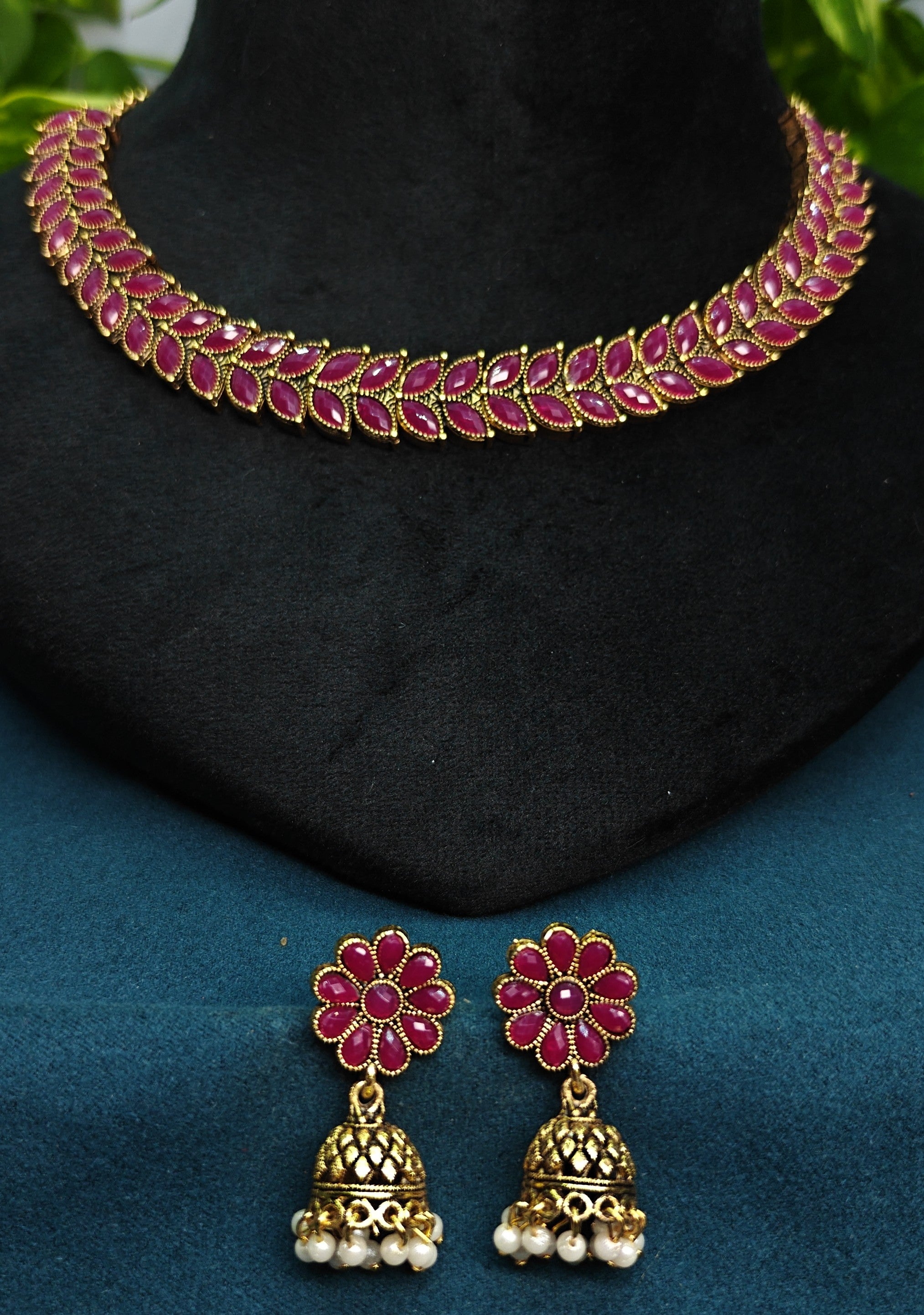 Antique Gold Purple Red Leaf Necklace Set for Women - Matte Finish