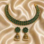Antique Gold Emerald Green Leaf Necklace Set for Women - Matte Finish