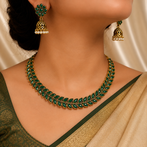 Antique Gold Emerald Green Leaf Necklace Set for Women - Matte Finish