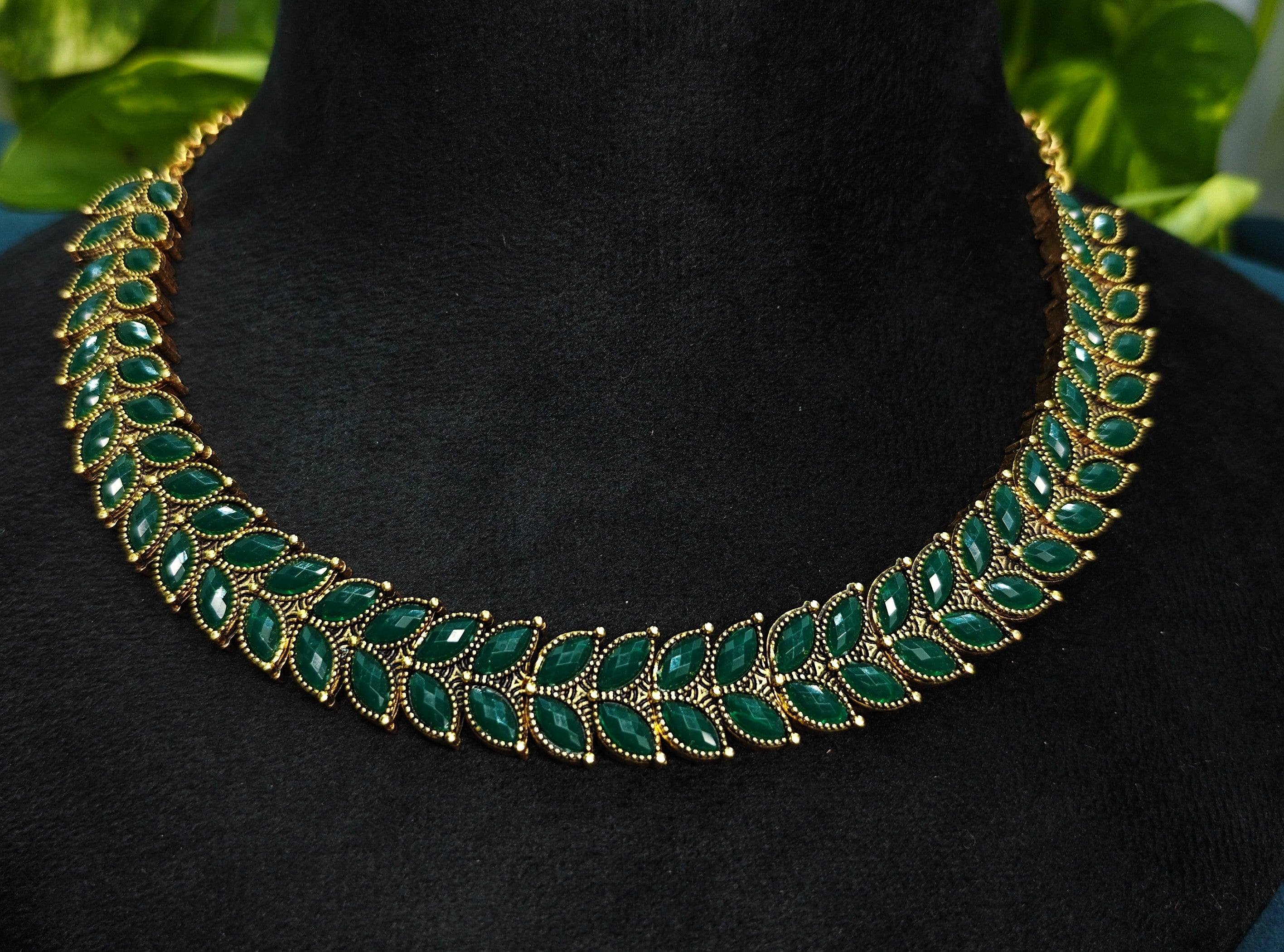 Antique Gold Emerald Green Leaf Necklace Set for Women - Matte Finish