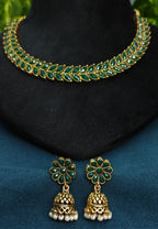 Antique Gold Emerald Green Leaf Necklace Set for Women - Matte Finish